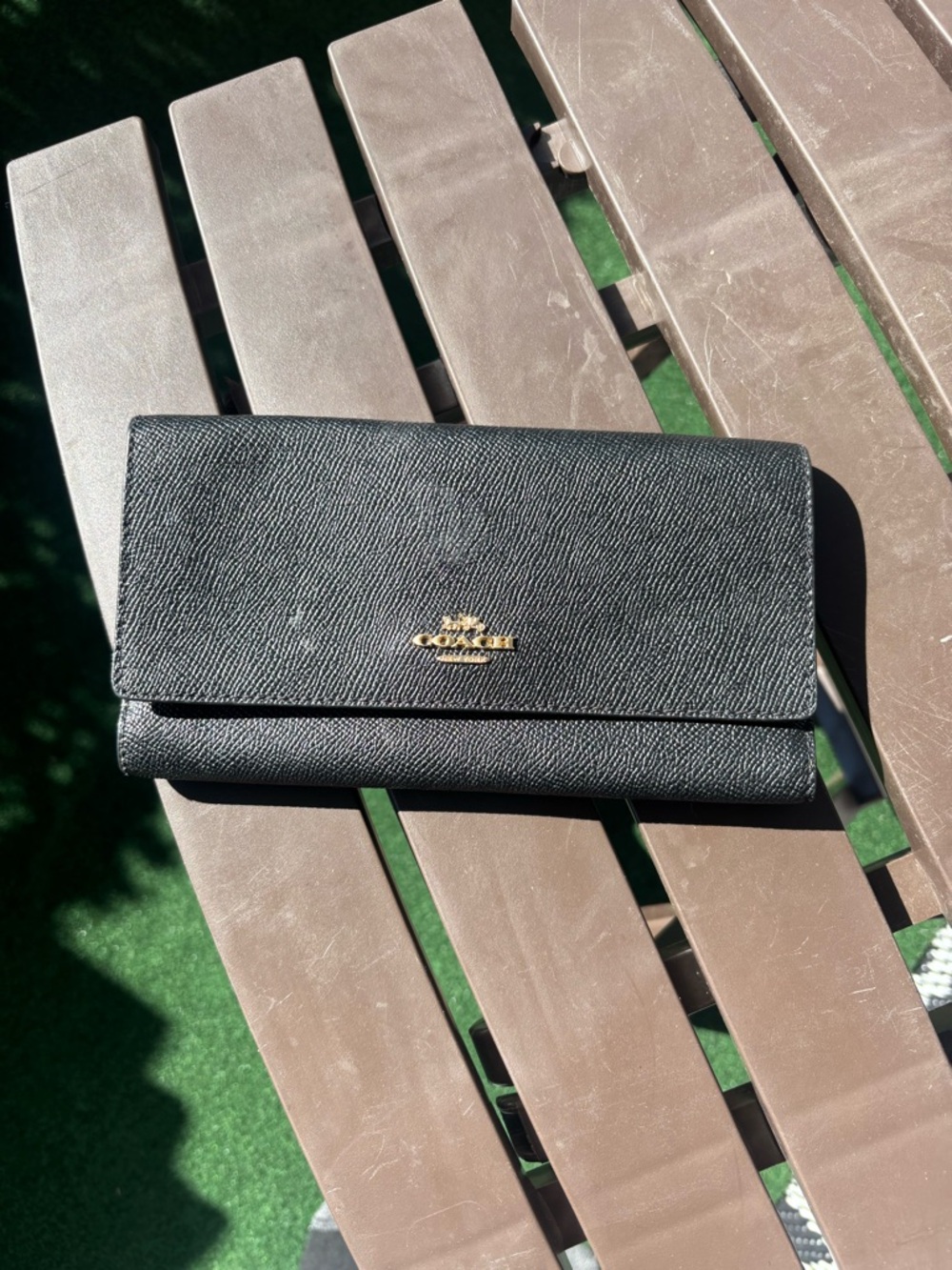 Coach Black Textured Leather Fold Wallet with Gold Logo
